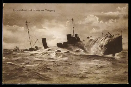 AK Torpedoboot bei schwerem Seegang, Kriegsschiff