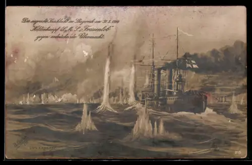 Künstler-AK Kriegsschiff S.M.S. Frauenlob im Seegefecht gegen feindliche Übermacht