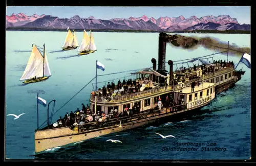 AK Starnberger See, Salondampfer Wittelsbach vor Bergpanorama