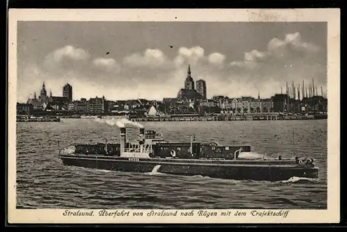 AK Stralsund, Trajektschiff Ruegen auf der Überfahrt nach der Insel Rügen