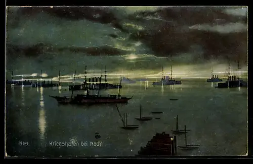 AK Kiel, Kriegshafen bei Nacht Kriegsschiffe vor Anker liegend