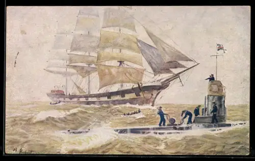 Künstler-AK Deutsches U-Boot versenkt feindliches Dreimast-Vollschiff