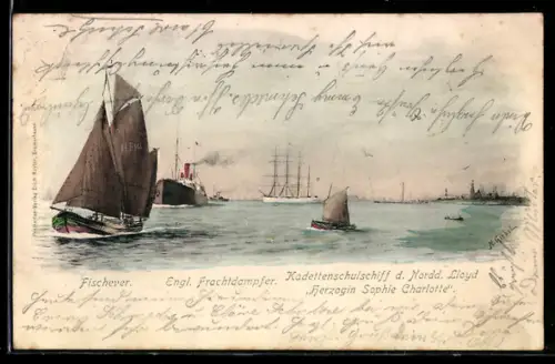 AK Kadettenschulschiff d. Norddeutschen Lloyd Herzogin Sophie Charlotte, engl. Frachtdampfer, Fischewer