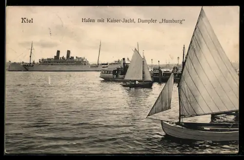 AK Kiel, Dampfer Hamburg mit Kaiser-Jacht im Hafen, Passagierschiff