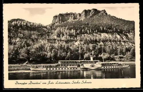 AK Dampfer Dresden passiert den Felsen Lilienstein an der Elbe