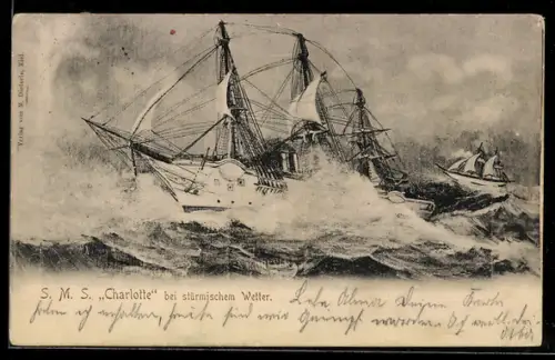 AK Kreuzerfregatte S.M.S. Charlotte bei stürmischem Wetter, Kriegsschiff