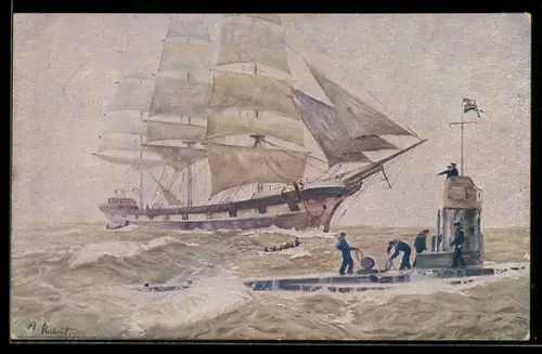 Künstler-AK Deutsches U-Boot versenkt feindliches Dreimast-Vollschiff