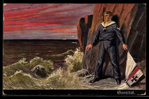 AK Geretteter Matrose mit Reichskriegsfahne am Felsen