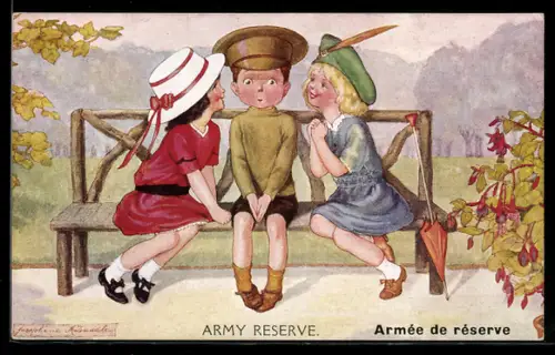 Künstler-AK sign. Josephine Duddle: Junge im Armeeuniform zwischen zwei Mädchen