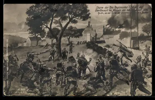 AK Sturm der Reserve-Regimenter 32 und 82 auf Chevillecourt bei Morsain 1914