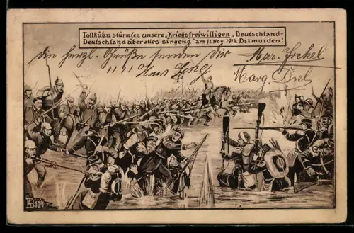 AK Deutsche Kriegsfreiwillige stürmen das Deutschlandlied singend bei Dixmuiden 1914