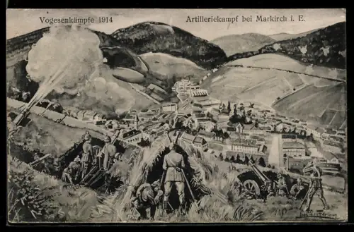 Künstler-AK Markirch i. E., Vogesenkämpfe 1914, Soldaten beim Artilleriekampf
