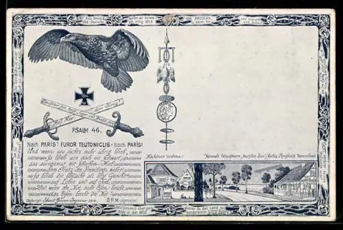 AK Eisernes Kreuz 1914, Adler im Fluge, gekreuzte Schwerter, Propaganda 1. Weltkrieg