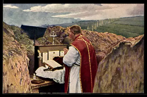 AK Messe im Schützengraben im 1. Weltkrieg