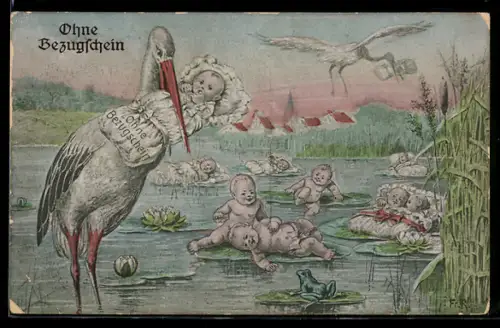 AK Störche bringen Babys, Kleinkinder auf Seerosenblättern