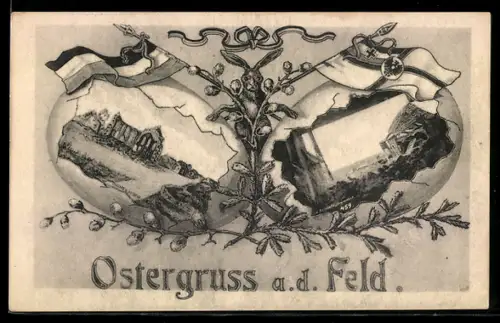 AK Ansichten von zerstörten französischen Ortschaften, Ostergruss aus dem Feld