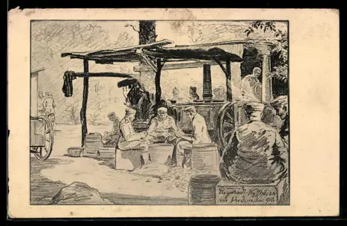 Künstler-AK Soldaten bei einer Feldküche vor Verdun