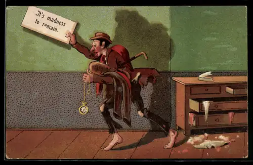 AK Mann in teils zerlumpten Kleidern stiehlt sich mit goldener Uhr davon