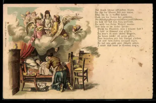 AK Mutter mit krankem Kind und Engeln