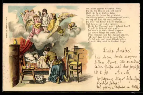 AK Mutter mit krankem Kind und Engeln