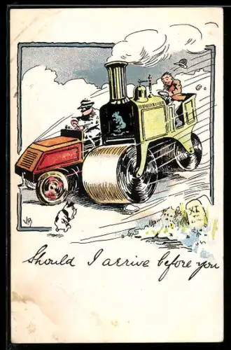 AK Strassenwalze im Rennen mit Automobil