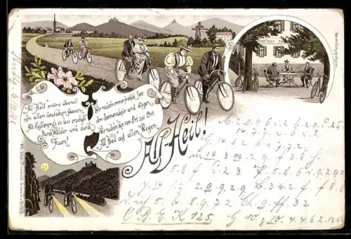 Lithographie All Heil! Männer & Frauen auf Fahrrädern, Gasthaus
