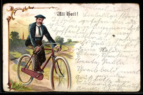 Lithographie Junger Mann auf Fahrrad auf Feldweg