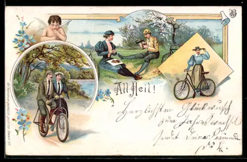 Lithographie Paar auf einer Fahrradtour mit Picknick