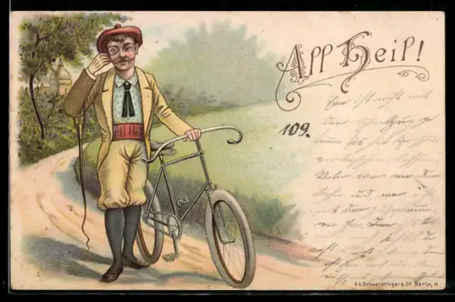 Lithographie Mann mit Monokel und einem Fahrrad
