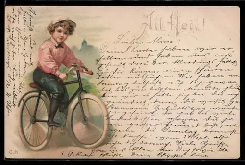 AK Kind auf Fahrrad vor Stadtsilhouette