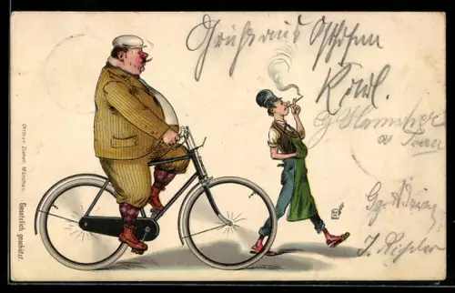 AK Beleibter Mann im gestreifen Anzug auf Fahrrad