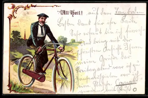 Lithographie Mann auf Fahrrad auf Feldweg, Fahrradfahrergruss