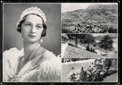 AK Ihre Majestät Königin Astrid, Königin der Belgier, Ortsansicht von Küssnacht mit der Unglücksstelle