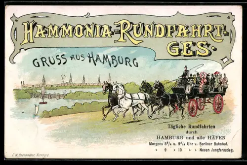 Lithographie Hamburg, Hammonia-Rundfahrt-Ges., Kutsche mit Passagieren