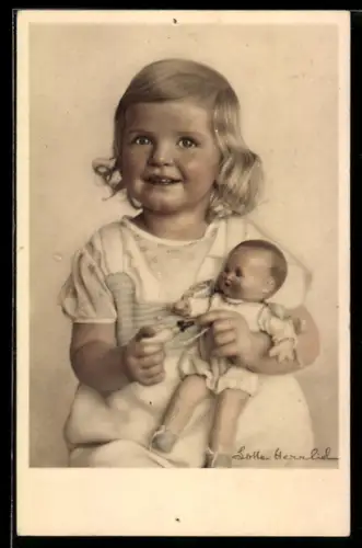 Künstler-AK Lotte Herrlich: Ein Mädchen spielt mit seiner Puppe