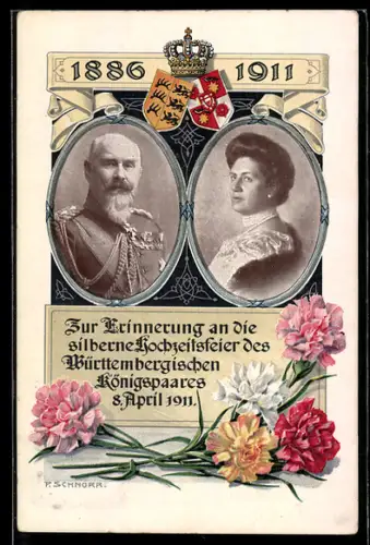 AK Silberne Hochzeit Württ. Königspaar 1911, Portraits, Wappen, Nelken