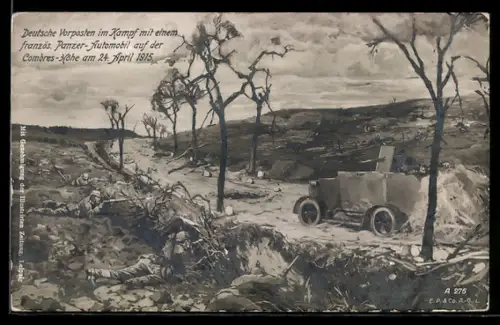 AK Deutsche Vorposten im Kampf mit einem franz. Panzer-Automobil auf der Combres-Höhe 1915