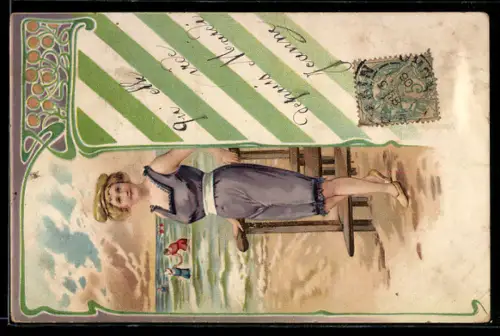 AK Dame in Badeanzug am Strand