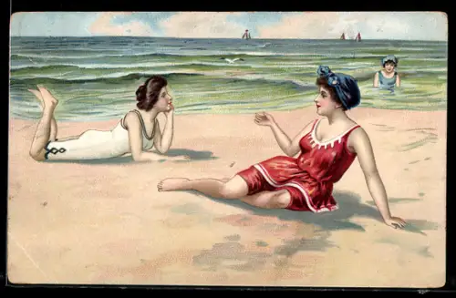 AK Zwei Damen in Badeanzügen liegen am Strand