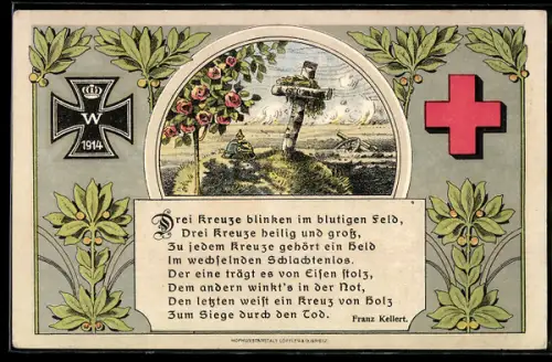 AK Rotes Kreuz, Eisernes Kreuz 1914, Kreuz auf einem Soldatengrab