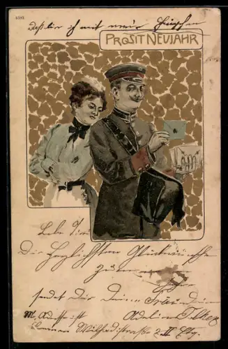 Präge-AK Postbote mit Briefen zum neuen Jahr