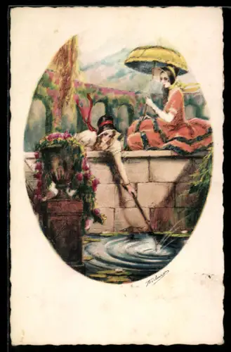 Künstler-AK Zwei Damen auf einer Mauer am Wasser im Art Deco Stil