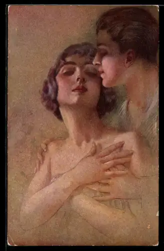 Künstler-AK sign. Manzoni: Pärchen tauscht Zärtlichkeiten aus