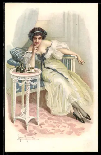 Künstler-AK Dame in elegantem Kleid im Art Deco Stil