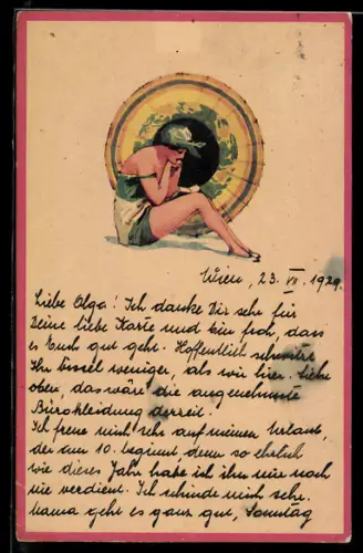 AK Dame mit Schirm und Kopftuch, Art Deco