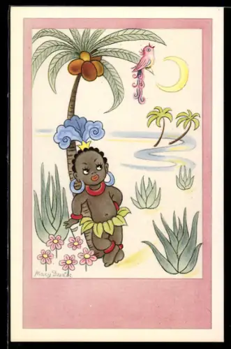 Künstler-AK Mary Daestor: Person lehnt an einer Palme mit Singvogel