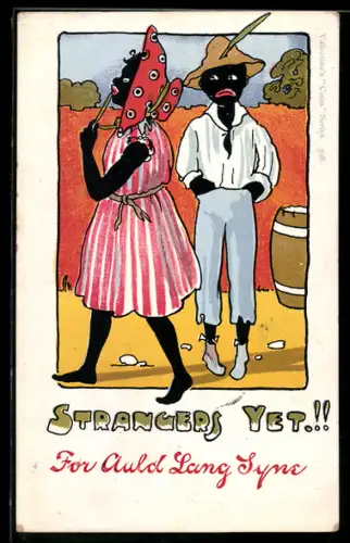 AK Frau in gestreiftem Kleid läuft an einem traurigem Mann vorbei