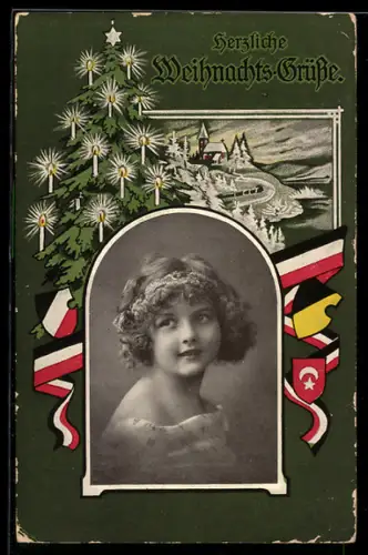 AK Porträt eines Mädchens, Weihnachtsbaum, deutsches und türkisches Wappen, Weihnachtsgrüsse