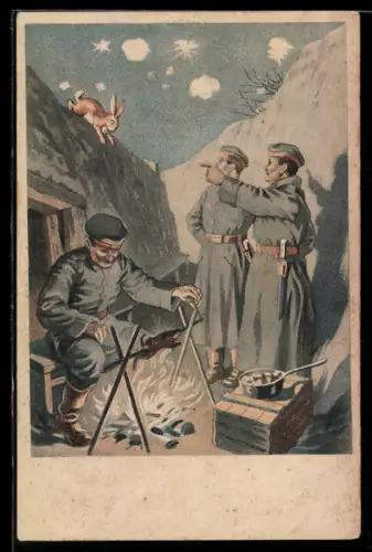 Künstler-AK Sternenklare Nacht über einem Lagerfeuer im Schützengraben