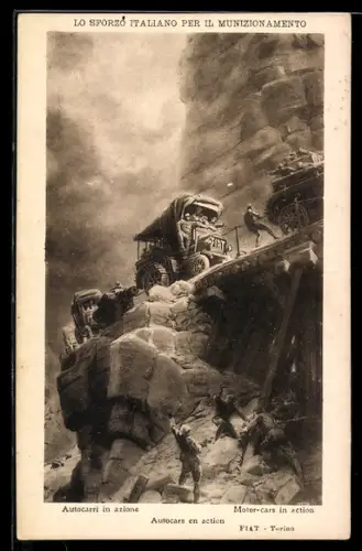 AK Soldaten mit Fiat-Autos auf einer Brücke